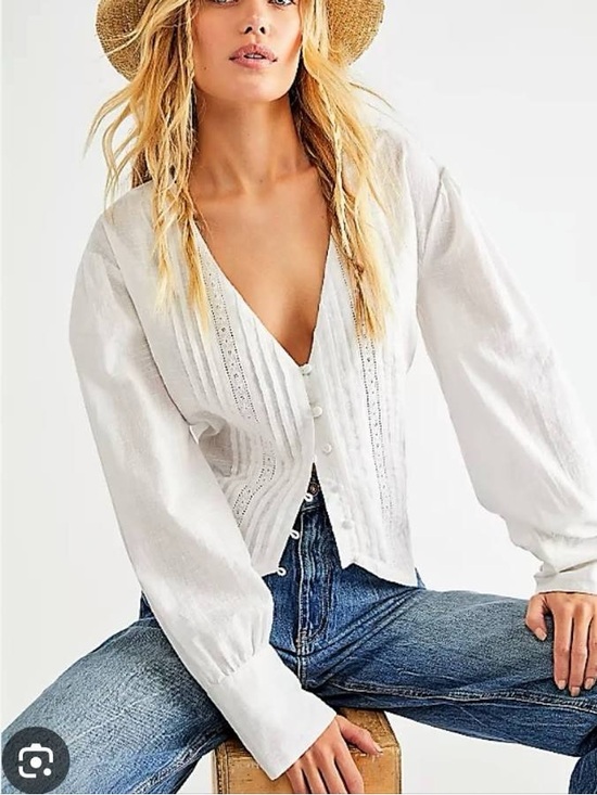 Free People Tops - Free People Paula Boho Lace Trim V-Neck Blouse - White Size M READ Description